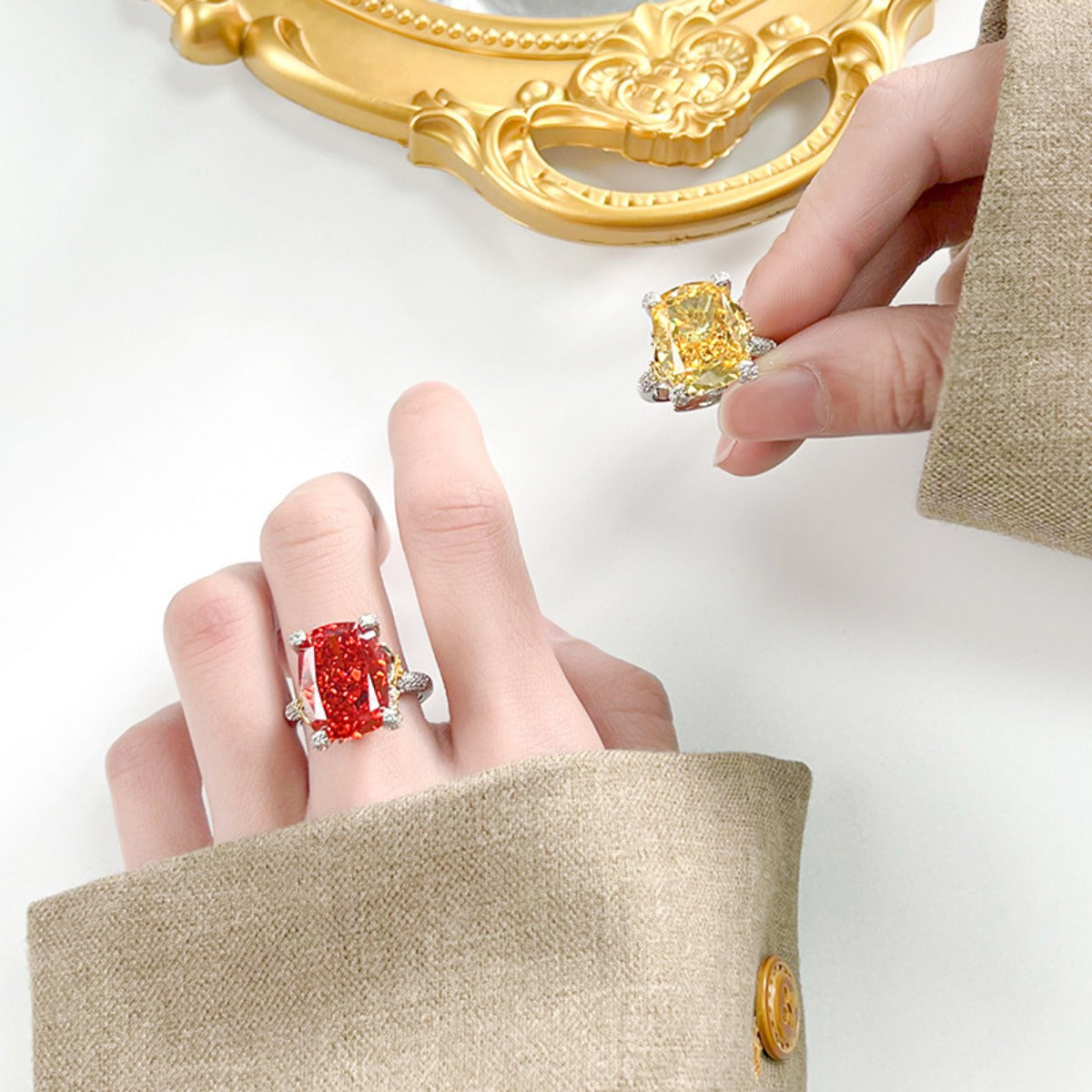 Urqanyu copper-based gold-plated ice flower square diamond temperament retro cubic zirconia ring
