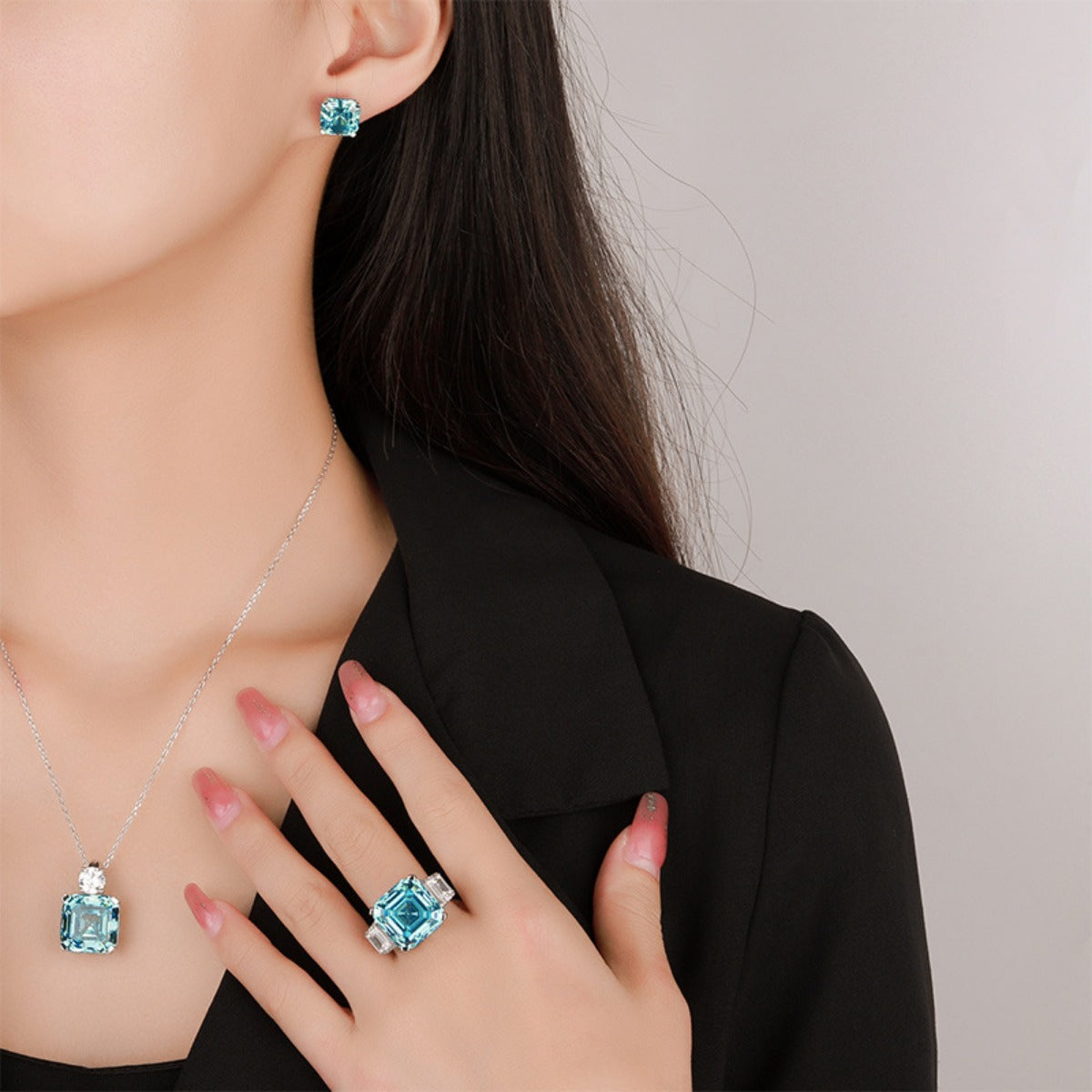 Urqanyu S925 silver Asscher aquamarine princess square cubic zirconia pendant necklace