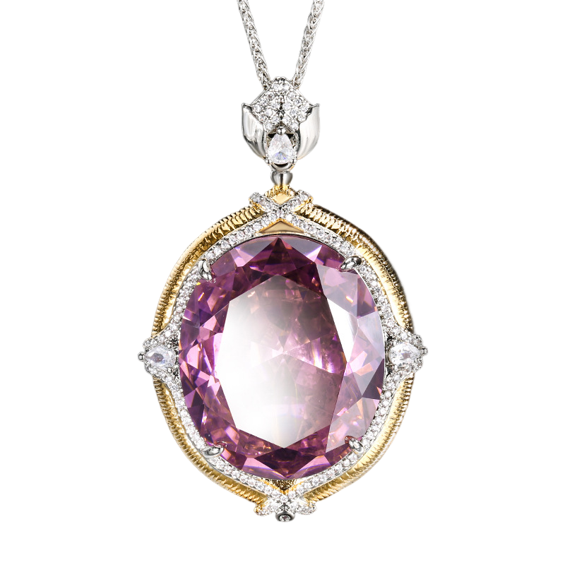 Urqanyu copper-based gold-plated simulated colored gemstone large egg-shaped retro brushed process cubic zirconia necklace