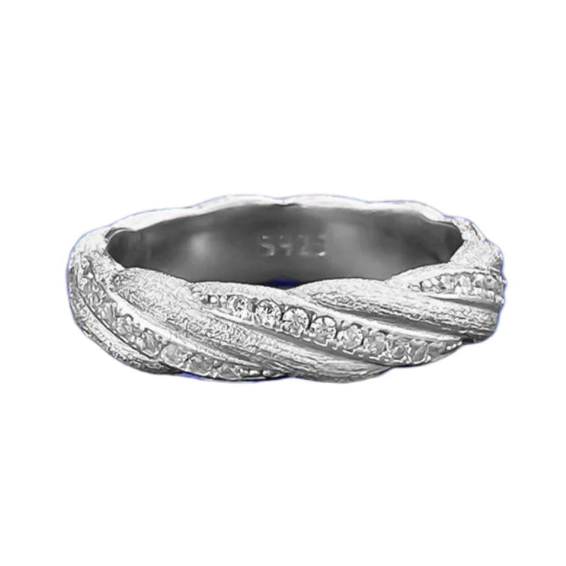 Urqanyu S925 silver Italian brushed gold winding ring layered woven pattern temperament cubic zirconia ring