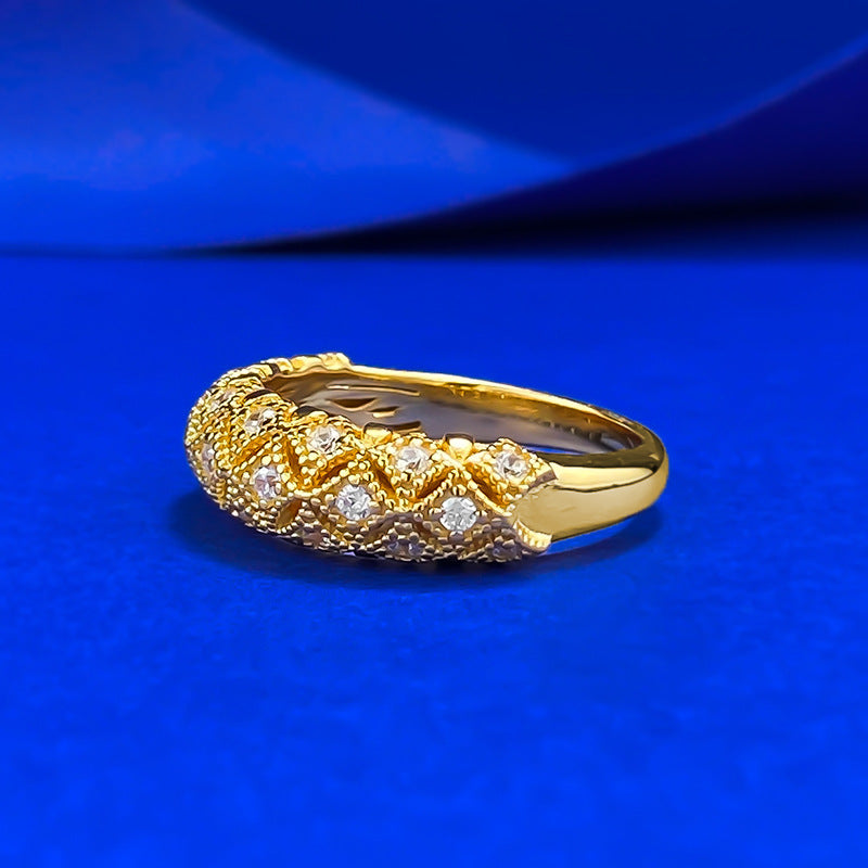 Urqanyu S925 silver gold-plated brushed retro pattern exquisite unique simple style cubic zirconia ring