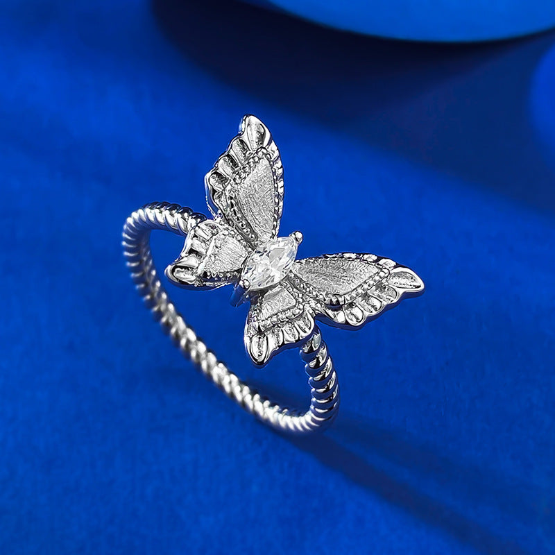Urqanyu S925 sterling silver plant series medieval brushed fantasy butterfly cubic zirconia ring