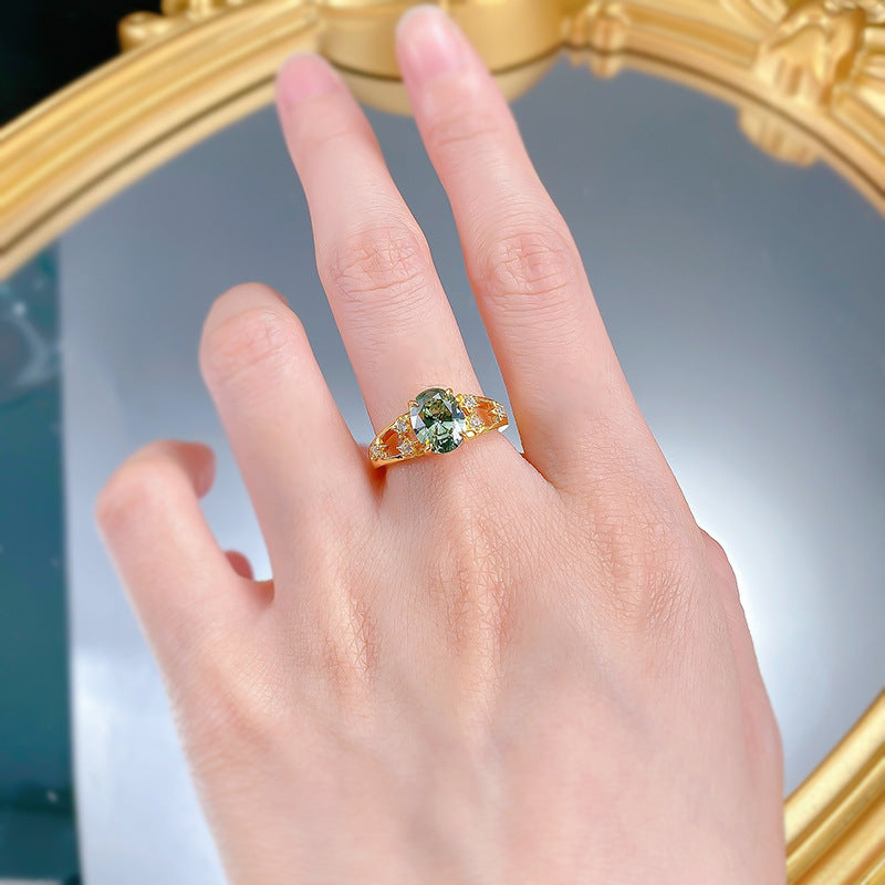 Urqanyu S925 silver oxygen mint green oval tourmaline green cubic zirconia ring 6*9