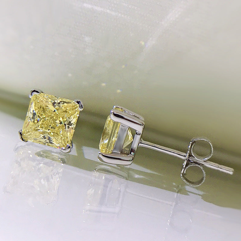 Urqanyu S925 silver bright yellow simple princess square 6m ice flower cut cubic zirconia earrings