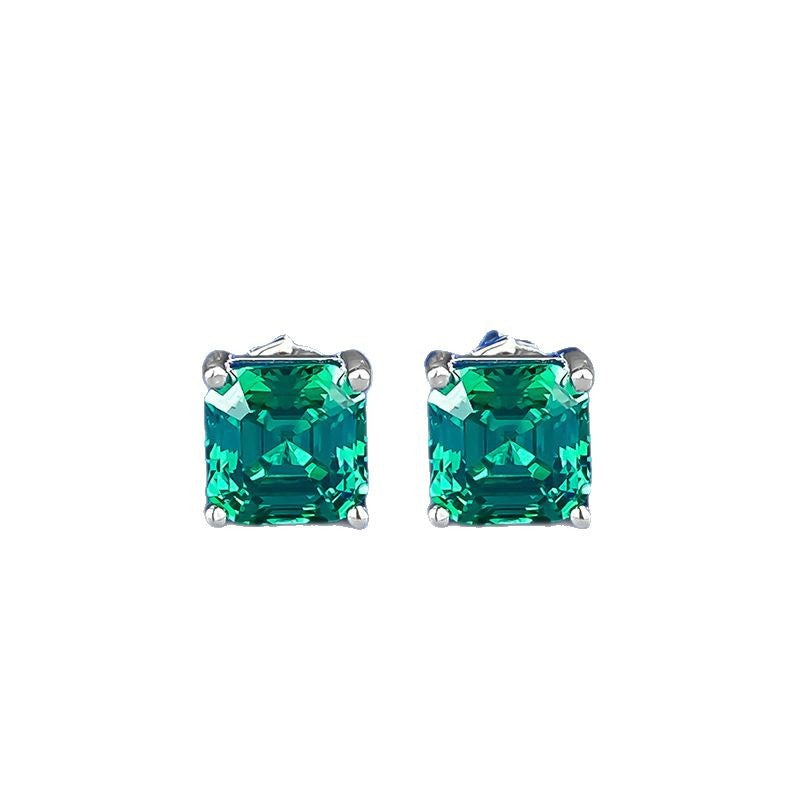 Urqanyu S925 silver simple 7*7mm emerald pagoda car flat simulation diamond four-claw cubic zirconia earrings