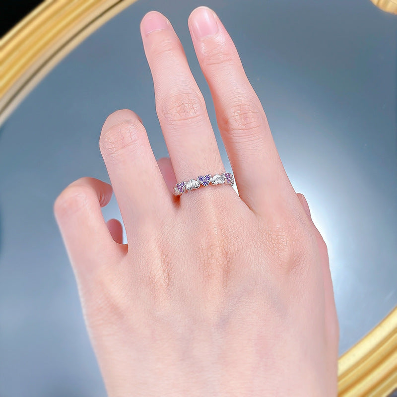 Urqanyu S925 silver retro brushed love purple full circle heart cubic zirconia ring