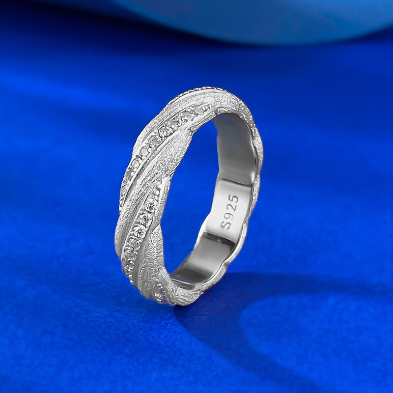 Urqanyu S925 silver Italian brushed gold winding ring layered woven pattern temperament cubic zirconia ring