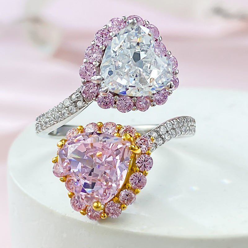 Urqanyu s925 silver contrast color pink diamond heart-shaped cubic zirconia ice flower cut open ring