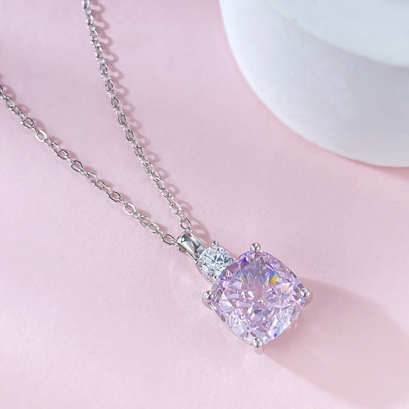 Urqanyu S925 silver 10mm pink diamond radiant cut niche design cubic zirconia necklace