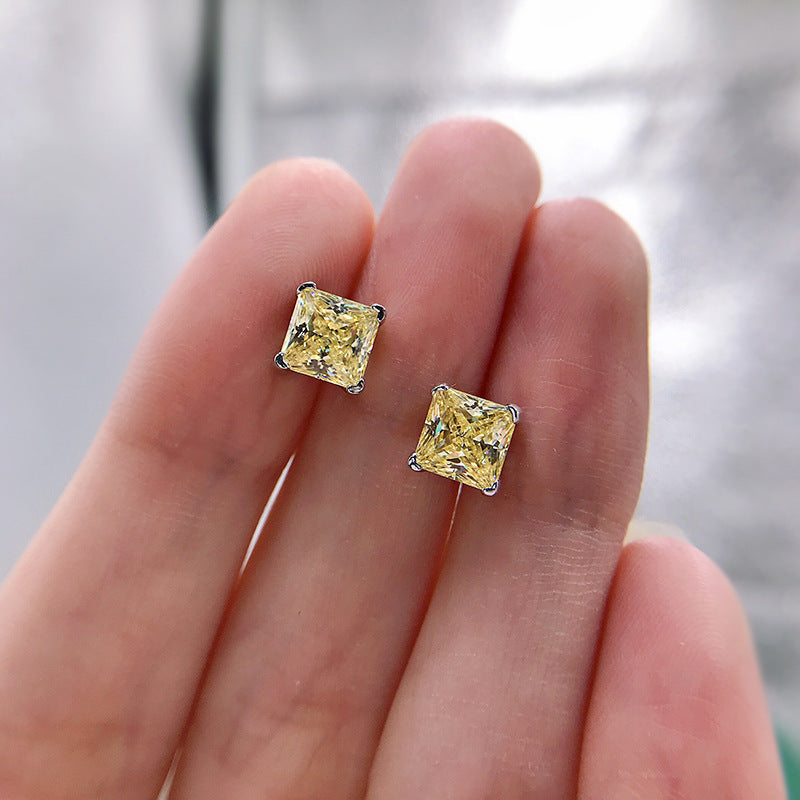 Urqanyu S925 silver bright yellow simple princess square 6m ice flower cut cubic zirconia earrings