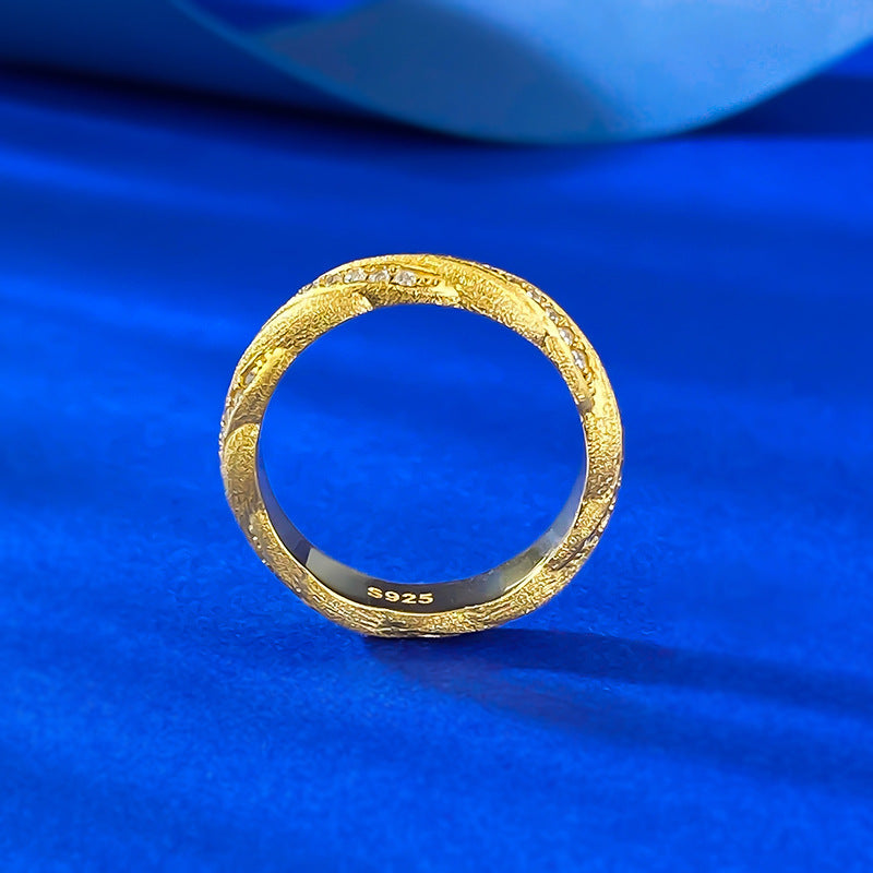 Urqanyu S925 silver Italian brushed gold winding ring layered woven pattern temperament cubic zirconia ring