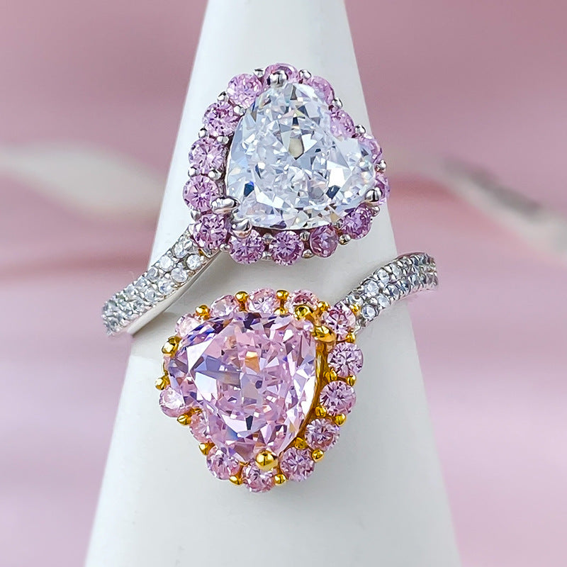 Urqanyu s925 silver contrast color pink diamond heart-shaped cubic zirconia ice flower cut open ring