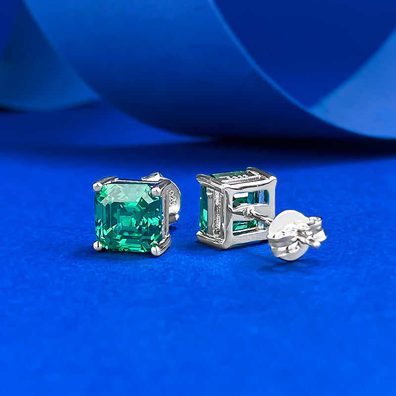 Urqanyu S925 silver simple 7*7mm emerald pagoda car flat simulation diamond four-claw cubic zirconia earrings