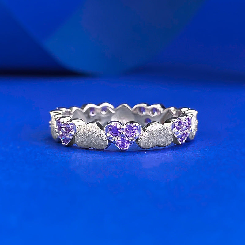 Urqanyu S925 silver retro brushed love purple full circle heart cubic zirconia ring