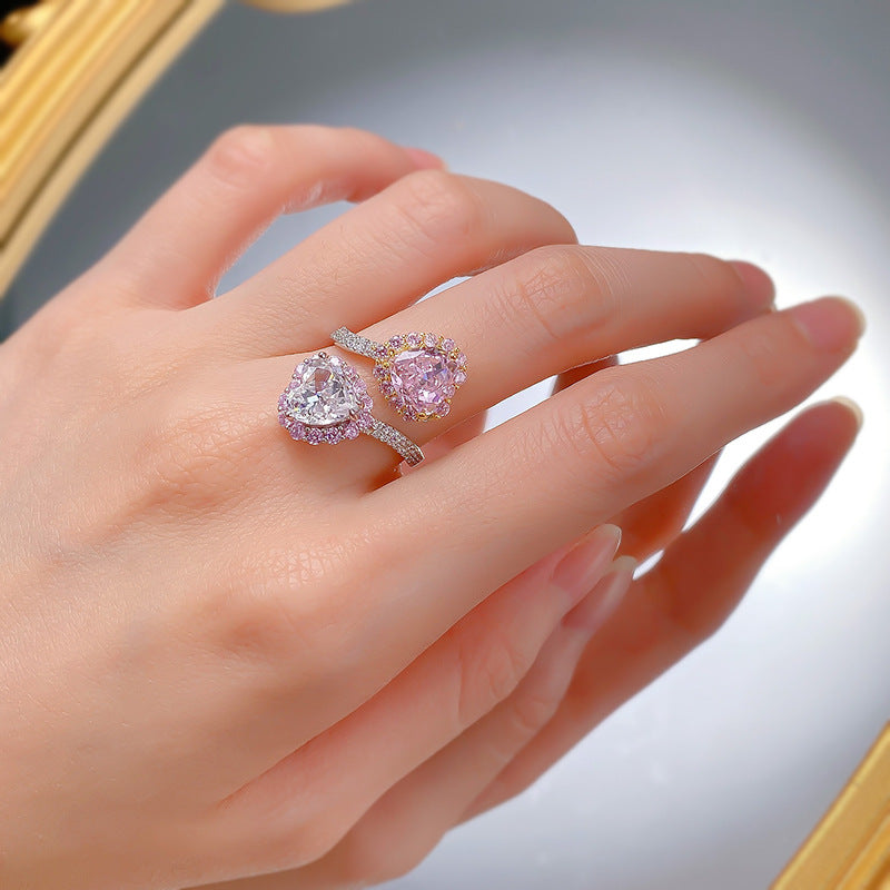 Urqanyu s925 silver contrast color pink diamond heart-shaped cubic zirconia ice flower cut open ring