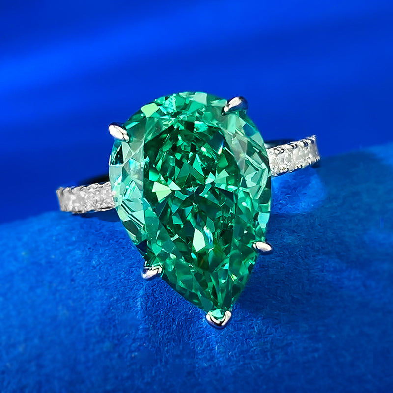Urqanyu 925 silver cubic zirconia diamond water drop emerald green wedding ring 10*14