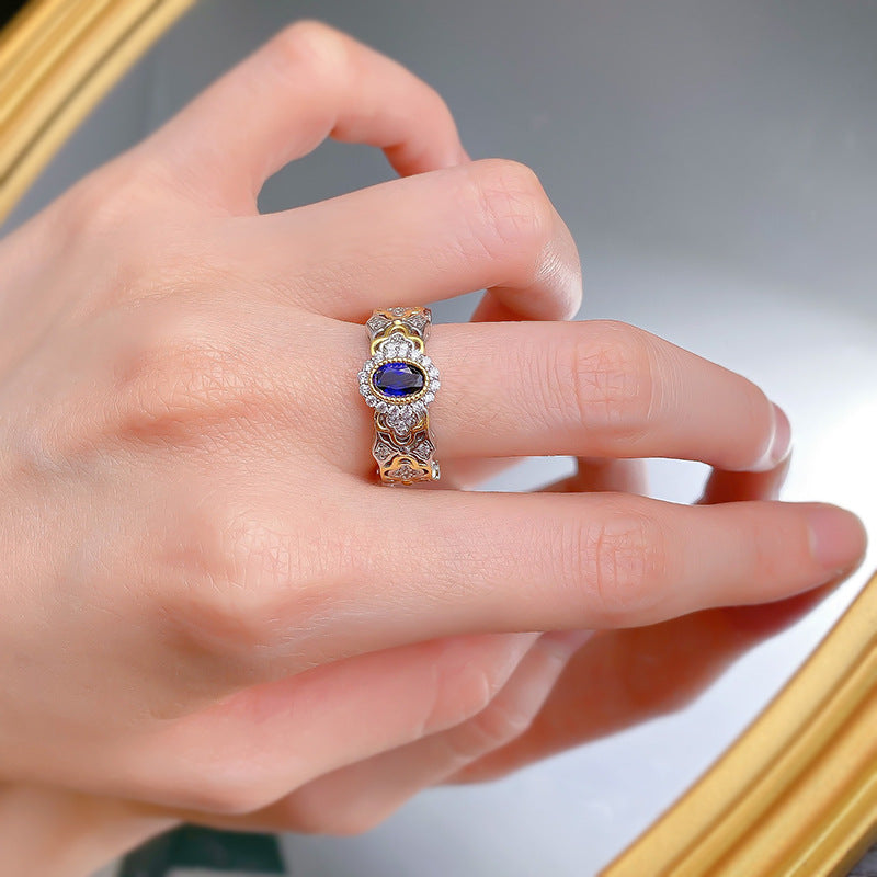 Urqanyu S925 silver Bujia French romantic simulated royal sapphire cubic zirconia ring 4*6