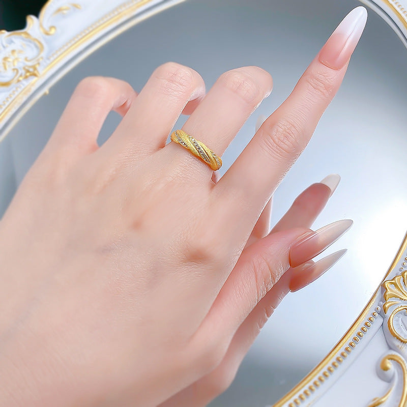 Urqanyu S925 silver Italian brushed gold winding ring layered woven pattern temperament cubic zirconia ring