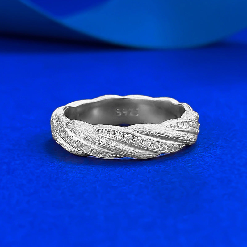Urqanyu S925 silver Italian brushed gold winding ring layered woven pattern temperament cubic zirconia ring