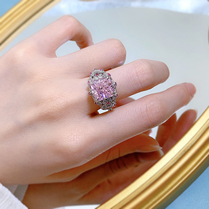 Urqanyu S925 silver oval pink cubic zirconia diamond ring 10*10