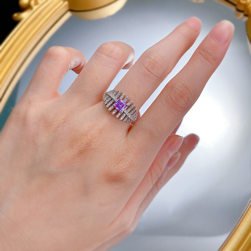 Urqanyu S925 silver fashion square purple diamond cubic zirconia ring 5*5