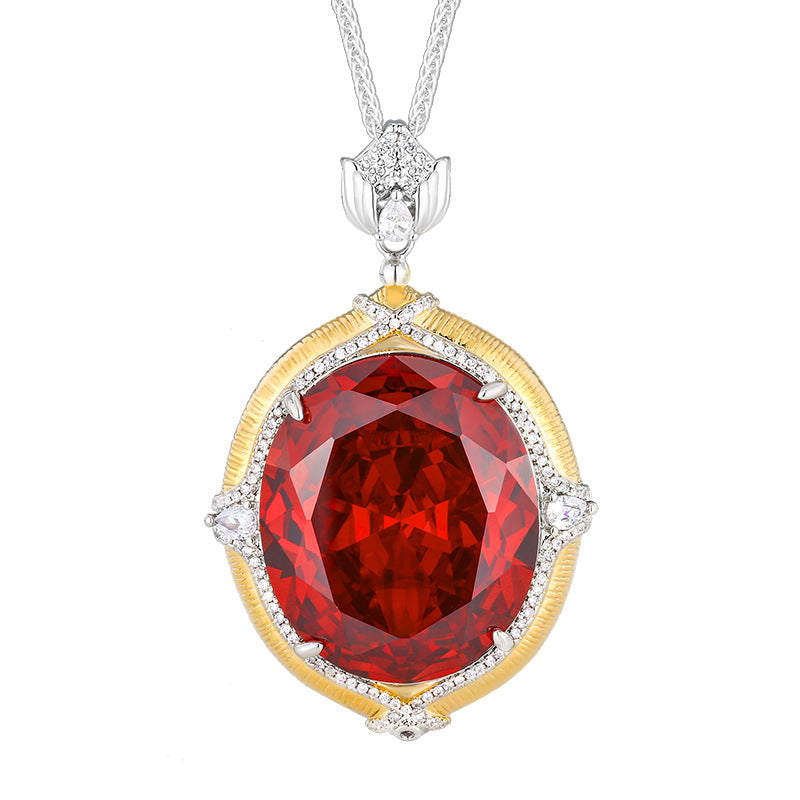 Urqanyu copper-based gold-plated simulated colored gemstone large egg-shaped retro brushed process cubic zirconia necklace