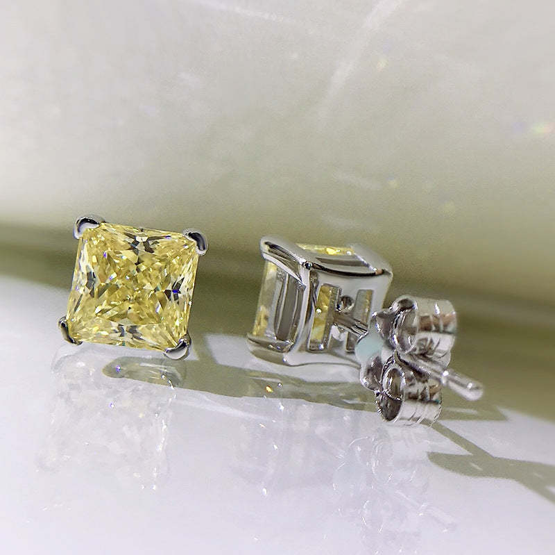 Urqanyu S925 silver bright yellow simple princess square 6m ice flower cut cubic zirconia earrings