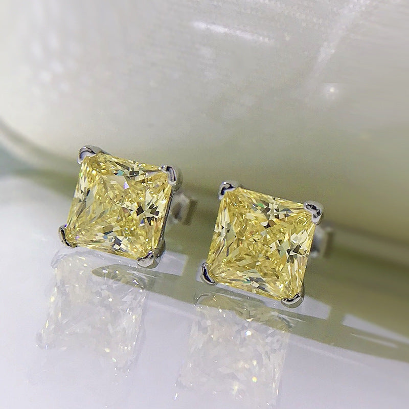 Urqanyu S925 silver bright yellow simple princess square 6m ice flower cut cubic zirconia earrings