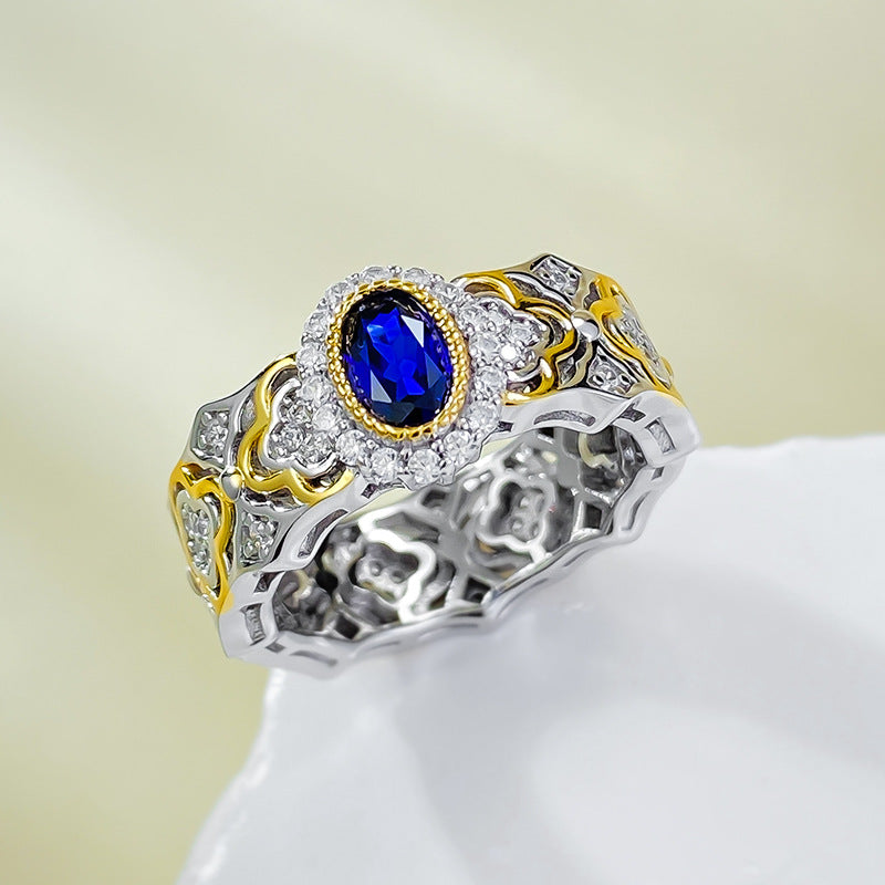 Urqanyu S925 silver Bujia French romantic simulated royal sapphire cubic zirconia ring 4*6