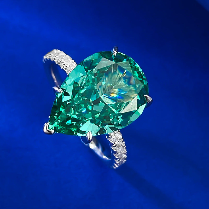 Urqanyu 925 silver cubic zirconia diamond water drop emerald green wedding ring 10*14
