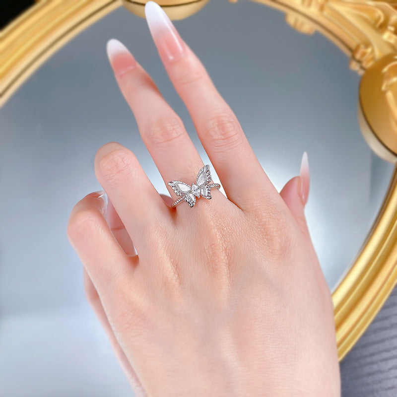 Urqanyu S925 sterling silver plant series medieval brushed fantasy butterfly cubic zirconia ring