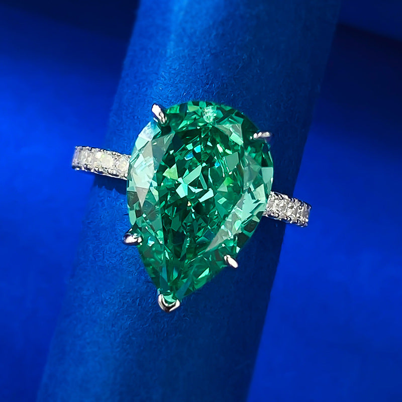 Urqanyu 925 silver cubic zirconia diamond water drop emerald green wedding ring 10*14