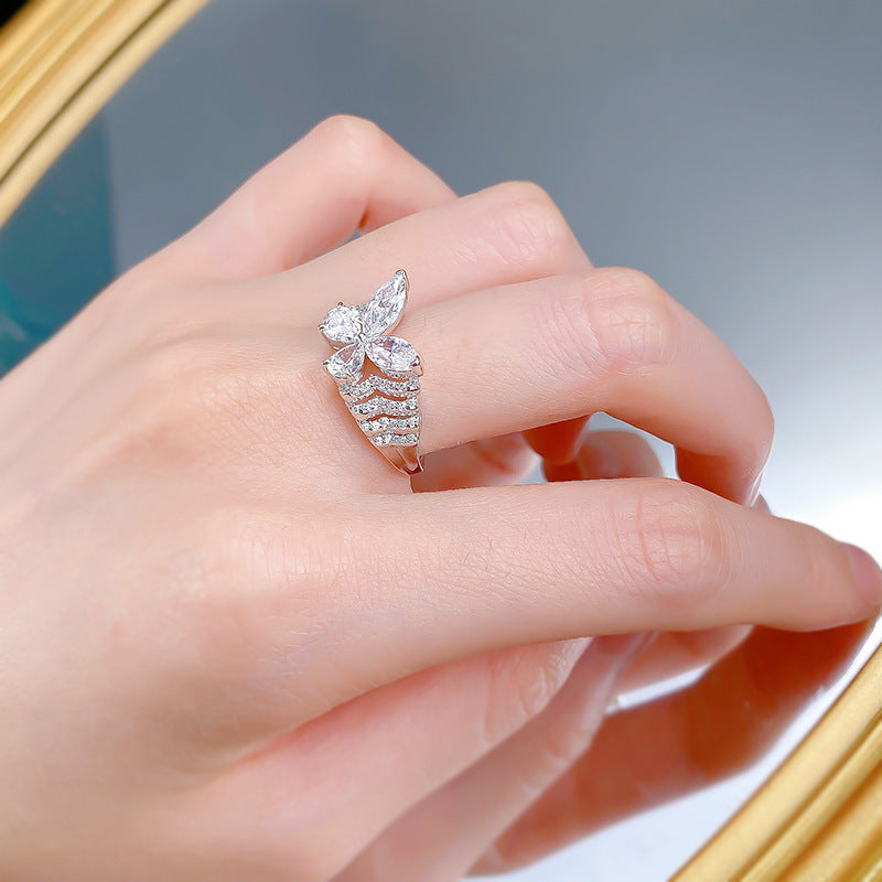 Urqanyu S925 silver phantom butterfly layered butterfly cubic zirconia diamond ring
