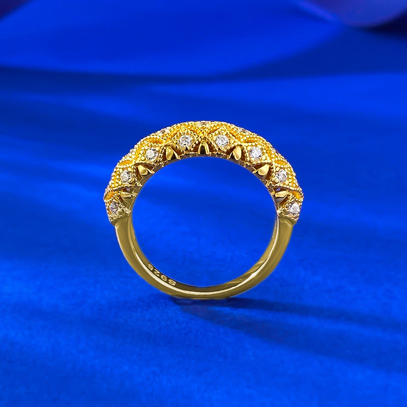 Urqanyu S925 silver gold-plated brushed retro pattern exquisite unique simple style cubic zirconia ring