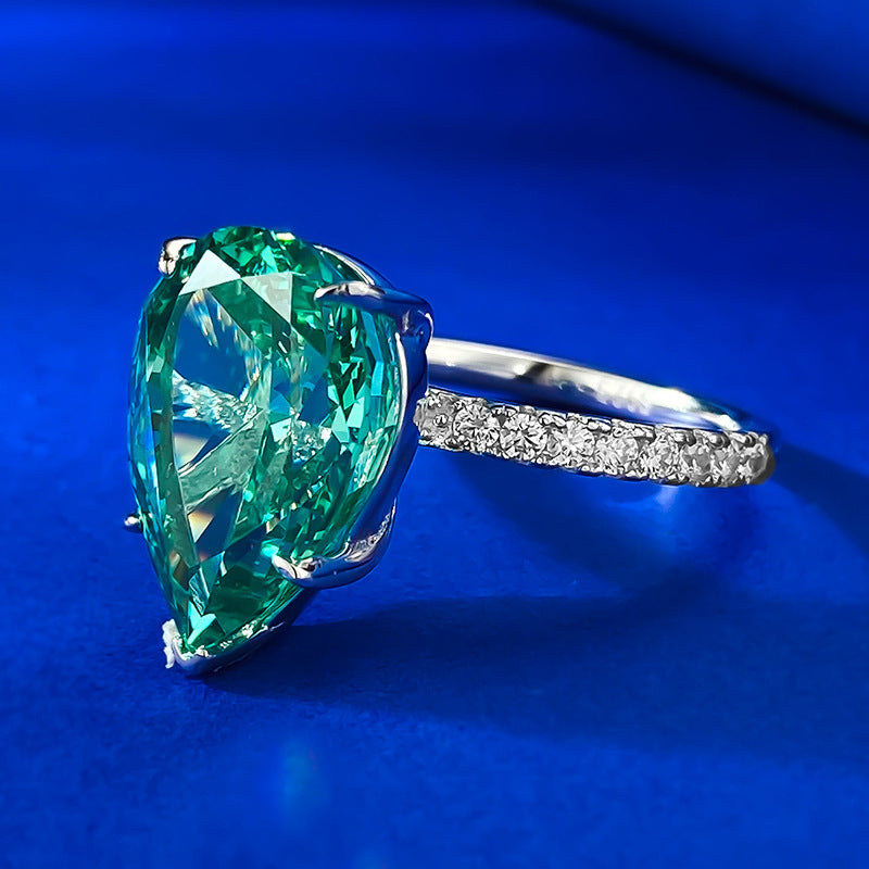 Urqanyu 925 silver cubic zirconia diamond water drop emerald green wedding ring 10*14