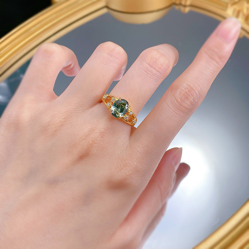 Urqanyu S925 silver oxygen mint green oval tourmaline green cubic zirconia ring 6*9
