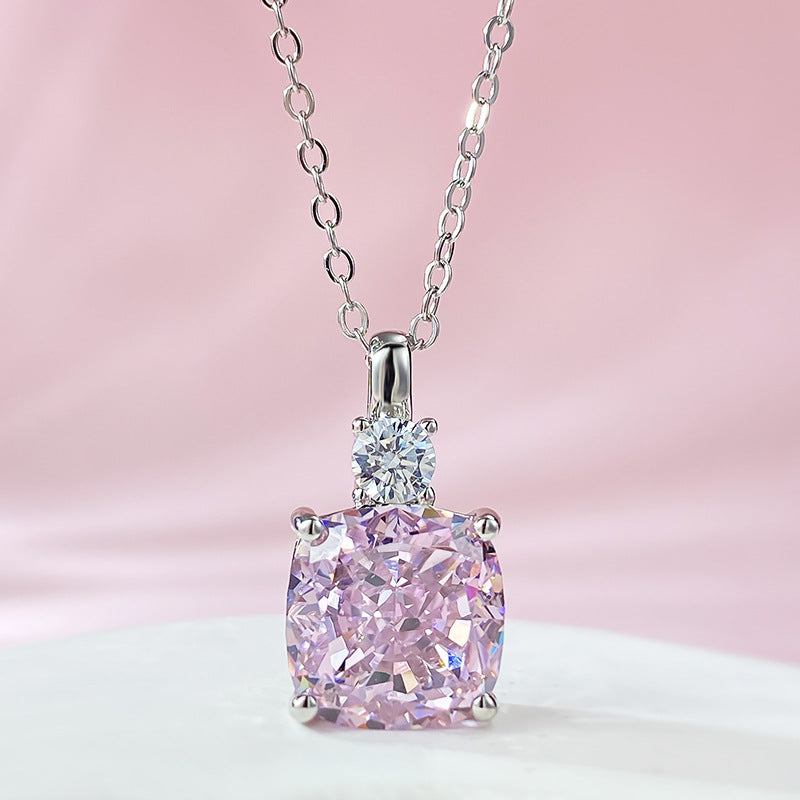 Urqanyu S925 silver 10mm pink diamond radiant cut niche design cubic zirconia necklace