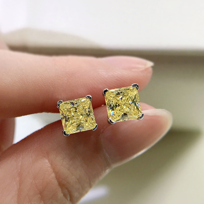 Urqanyu S925 silver bright yellow simple princess square 6m ice flower cut cubic zirconia earrings