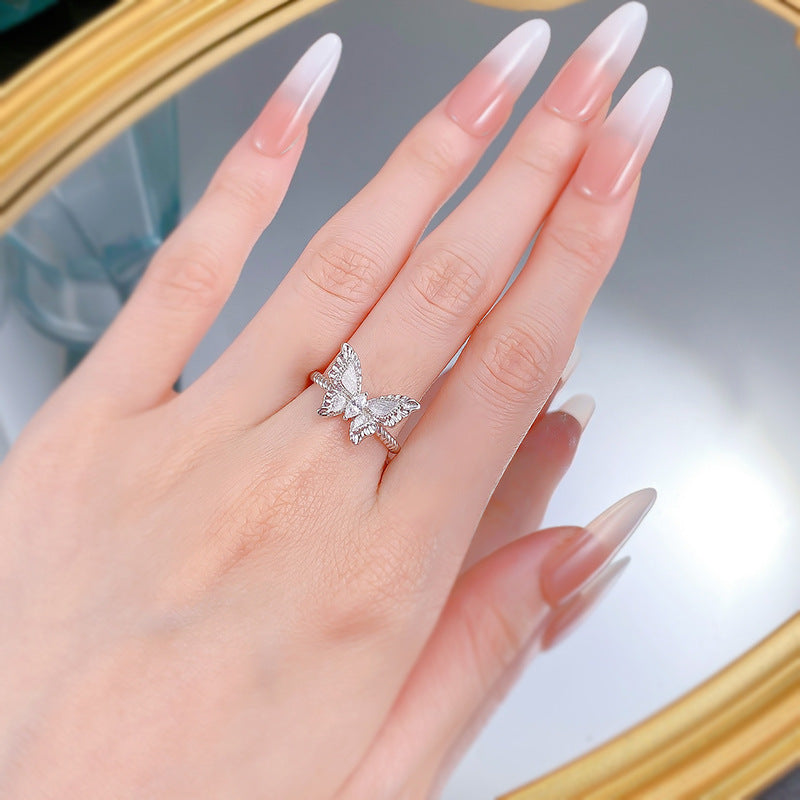Urqanyu S925 sterling silver plant series medieval brushed fantasy butterfly cubic zirconia ring