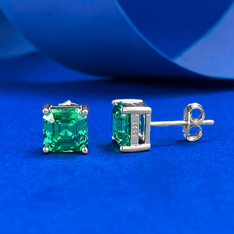 Urqanyu S925 silver simple 7*7mm emerald pagoda car flat simulation diamond four-claw cubic zirconia earrings
