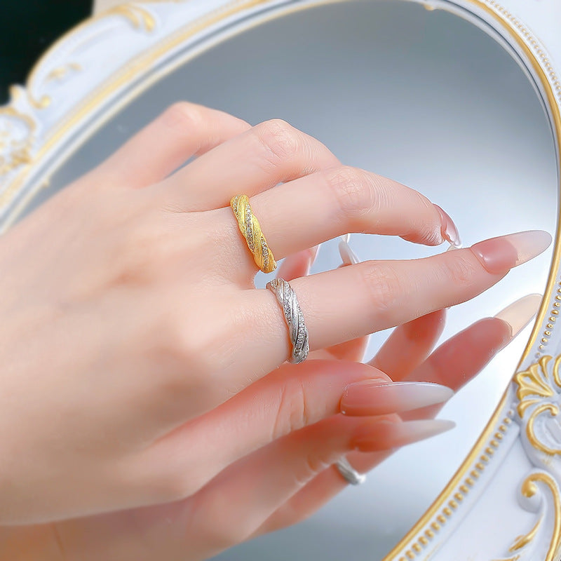 Urqanyu S925 silver Italian brushed gold winding ring layered woven pattern temperament cubic zirconia ring