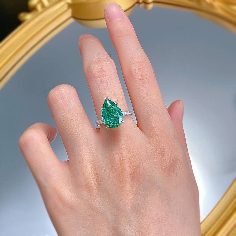 Urqanyu 925 silver cubic zirconia diamond water drop emerald green wedding ring 10*14