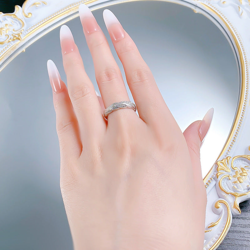 Urqanyu S925 silver Italian brushed gold winding ring layered woven pattern temperament cubic zirconia ring