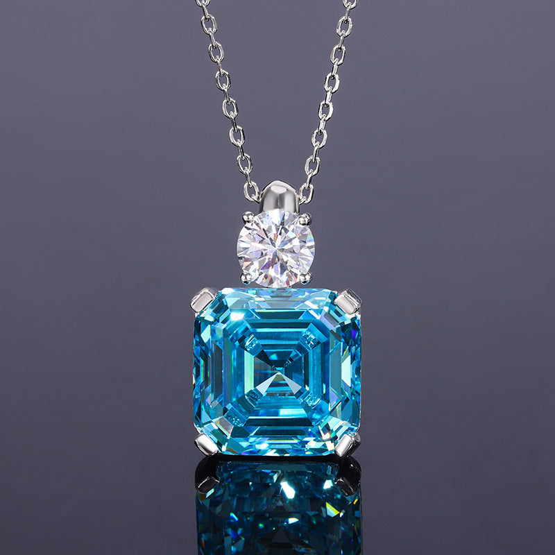 Urqanyu S925 silver Asscher aquamarine princess square cubic zirconia pendant necklace