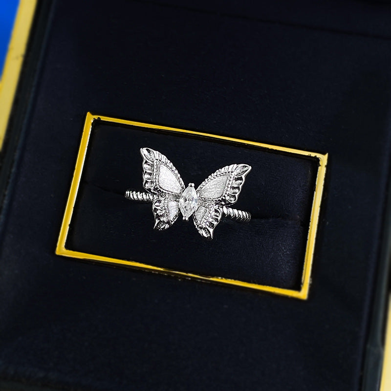 Urqanyu S925 sterling silver plant series medieval brushed fantasy butterfly cubic zirconia ring