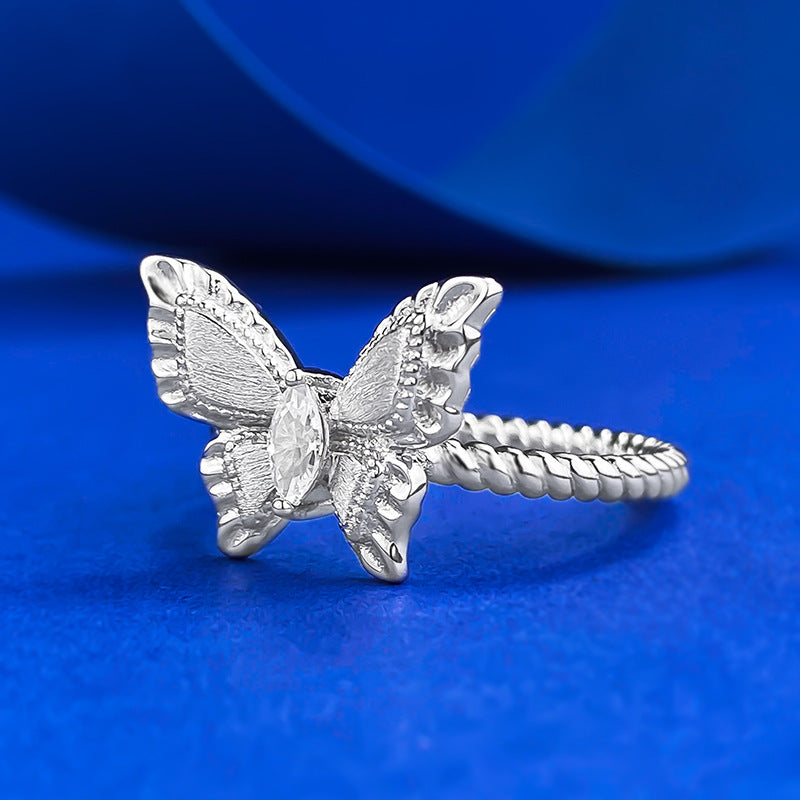 Urqanyu S925 sterling silver plant series medieval brushed fantasy butterfly cubic zirconia ring