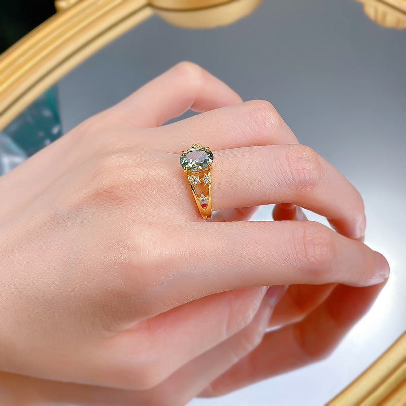 Urqanyu S925 silver oxygen mint green oval tourmaline green cubic zirconia ring 6*9