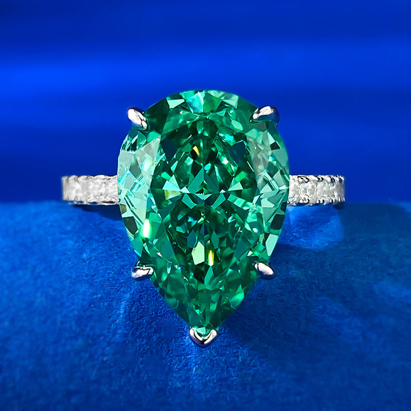 Urqanyu 925 silver cubic zirconia diamond water drop emerald green wedding ring 10*14