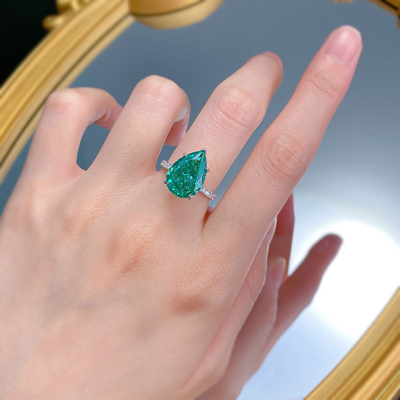 Urqanyu 925 silver cubic zirconia diamond water drop emerald green wedding ring 10*14