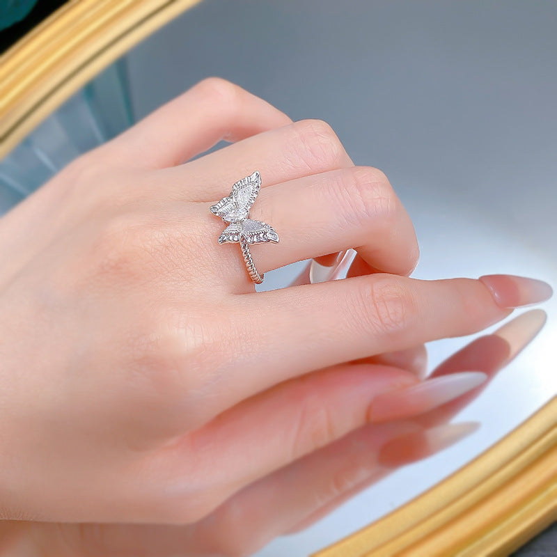 Urqanyu S925 sterling silver plant series medieval brushed fantasy butterfly cubic zirconia ring